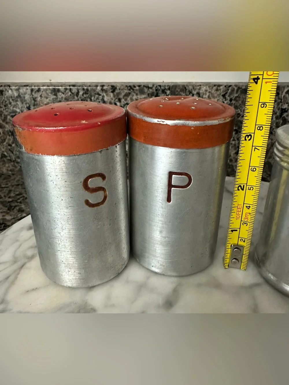 2 Sets- Vintage 1950s Rustic Aluminum Salt & Pepper and Salt & Sugar Shakers
